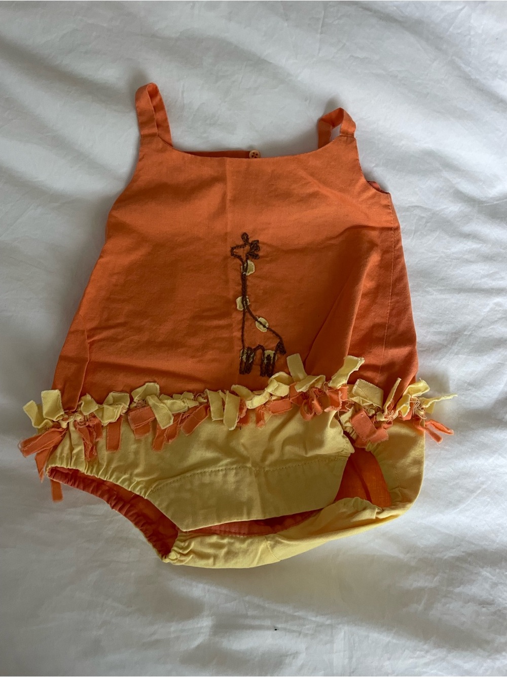 Kids Orange & Yellow Ruffle Romper with Giraffe Embroidery